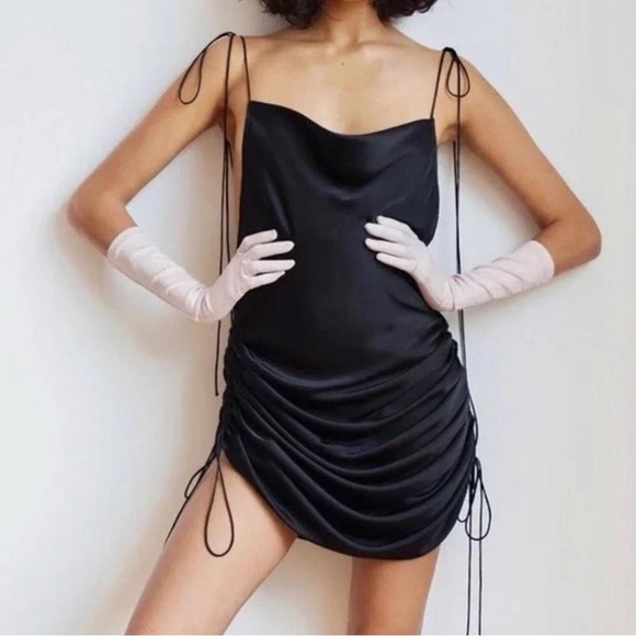 ORSEUND IRIS Drawstring Ruched Slip Dress Cowl Neck Black Size XS - Picture 1 of 7